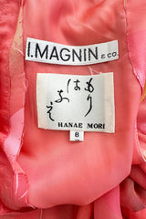 Hanae Mori Couture Fall 1973 Runway Pastel Coral Bird Print Silk Chiffon Ruffled Caftan Dress