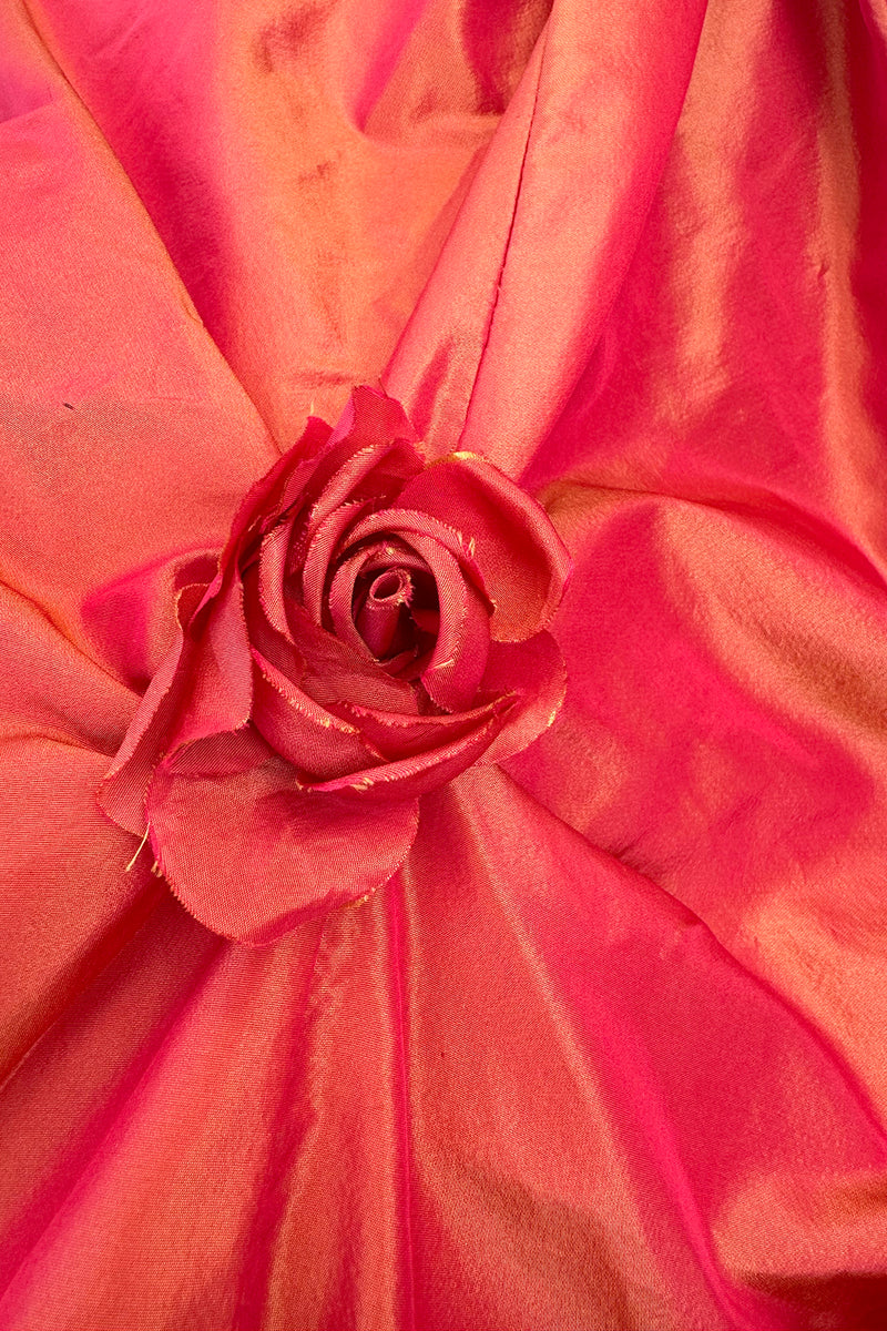 Romantic 1980s Loris Azzaro Irridescent Soft Coral Silk Taffeta Dress w Rosette Floral Detail