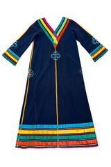 Colourful 1960s Josefa Deep Blue Cotton Caftan Dress w Multi Coloured Ribbns & Hand Embroidery