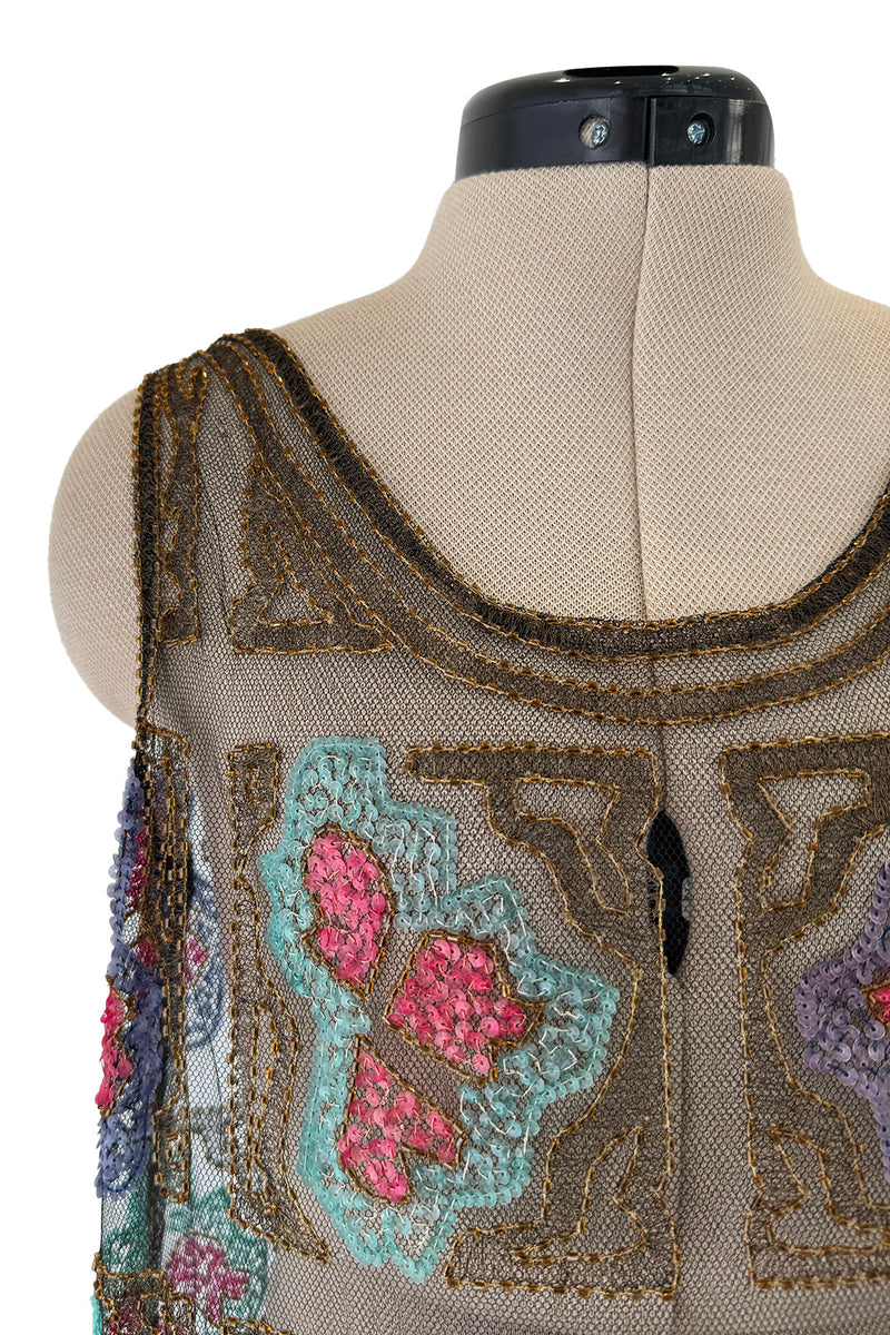 Intricate 1920s Unlabeled Gold Metallic Lame Thread & Sequin on Black Silk Net Flapper Dress