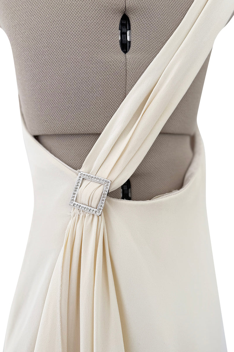 2010s Valentino Ivory Silk Crepe One Shoulder Dress w Draped Back & Rhinestone Buckle
