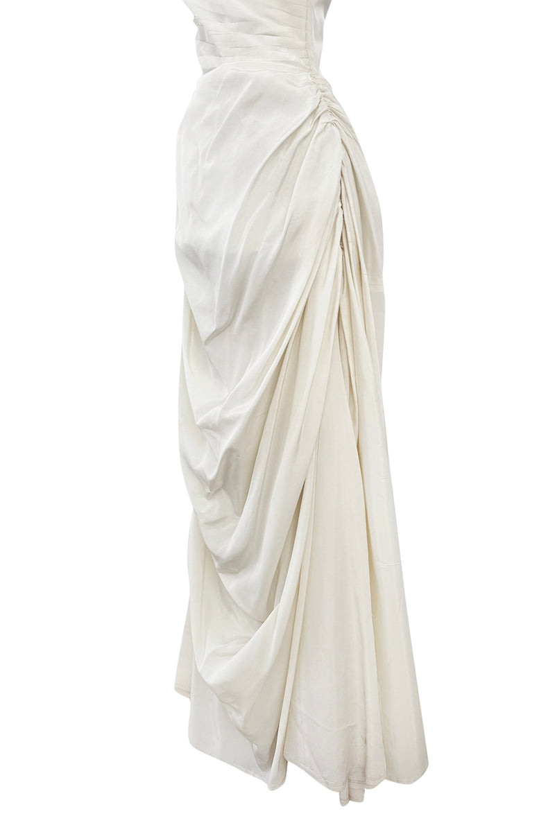 Prettiest 1950s Fred Perlberg Strapless Ivory Dress w Gathered Back Skirting & Net Cotton Muslin Underskirts