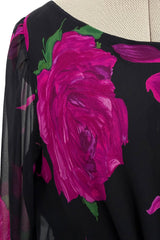 Gorgeous 1970s James Galanos Demi-Couture Silk Chiffon Dress w Vivid Pink Flower Print