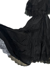 Dramatic 1970s Louis MiesOff Shoulder Haute Couture Silk Dress w Hand Made Lace & Full Skirt
