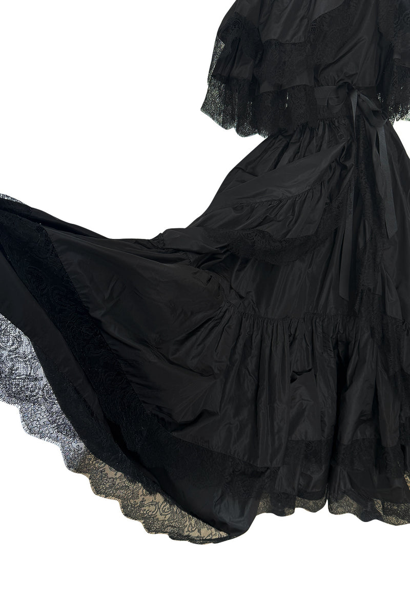 1970s Louis Mies Haute Couture Off Shoulder Silk Taffeta Dress w Hand Made Lace Detailing