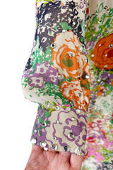Beautiful Spring 1974 Pauline Trigere Runway Floral Print Dress w Rhinestone Detailing