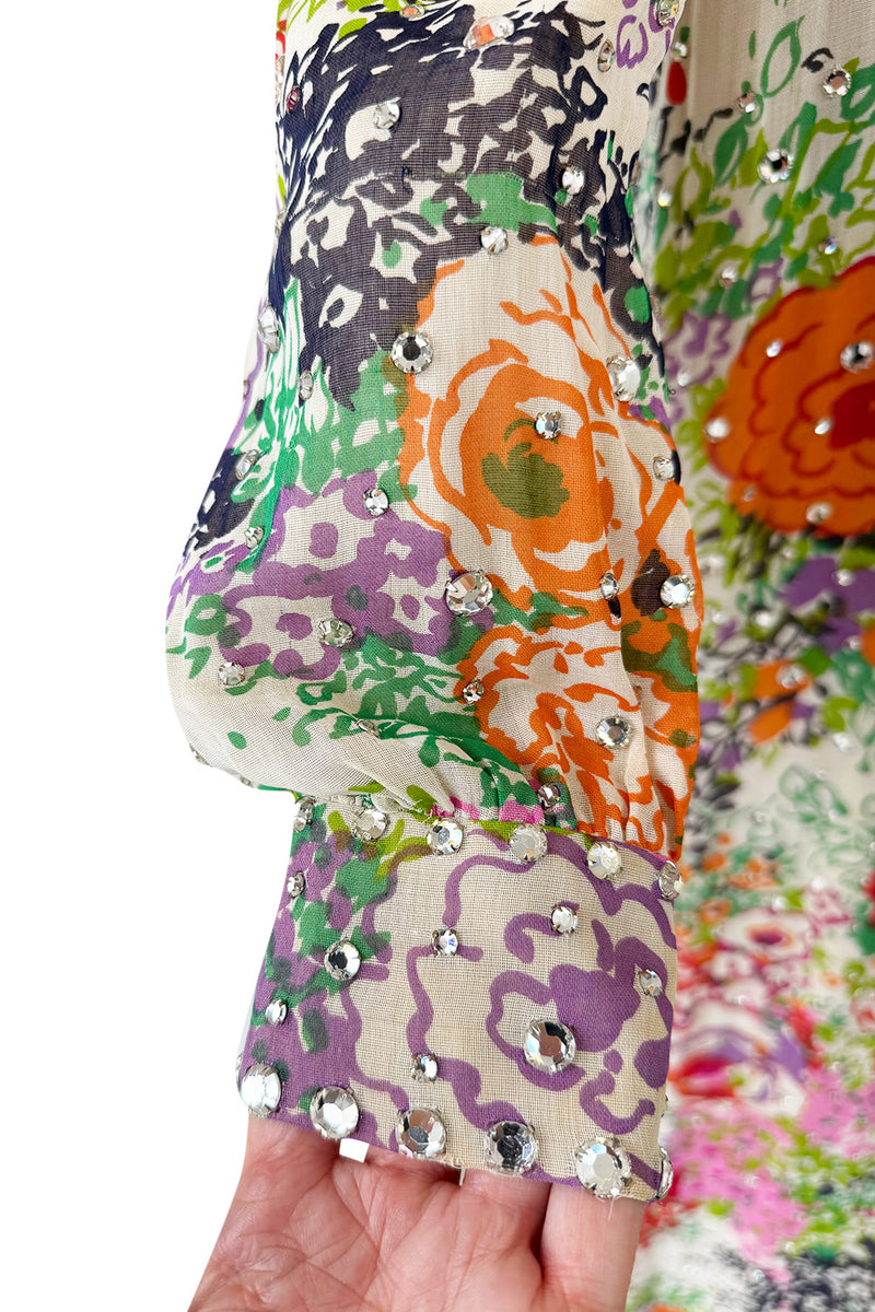 Beautiful Spring 1974 Pauline Trigere Runway Floral Print Dress w Rhinestone Detailing