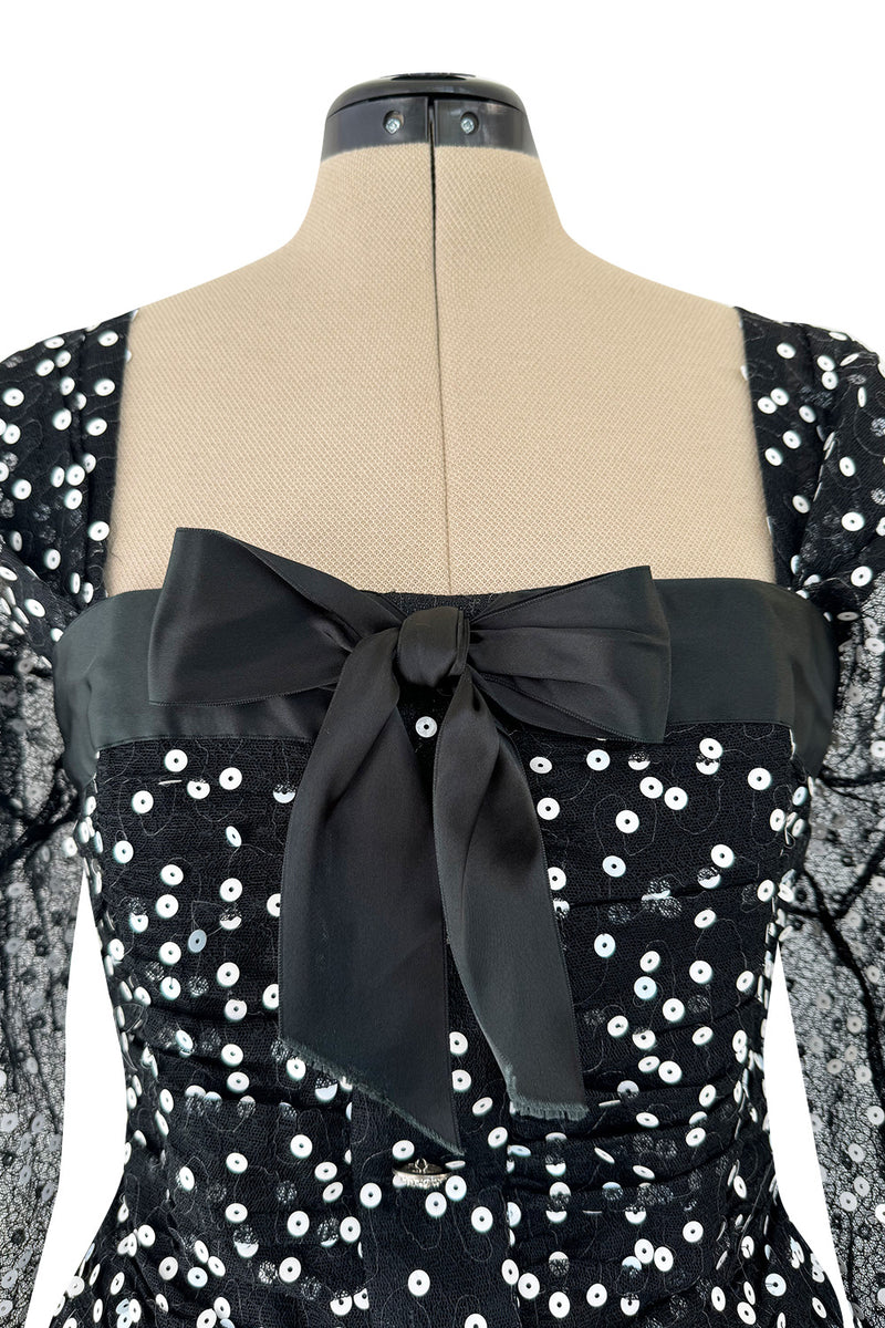 Prettiest Fall 1979 Christian Dior by Marc Bohan Black Silk Lace Net Dress w White  Sequins & Bows