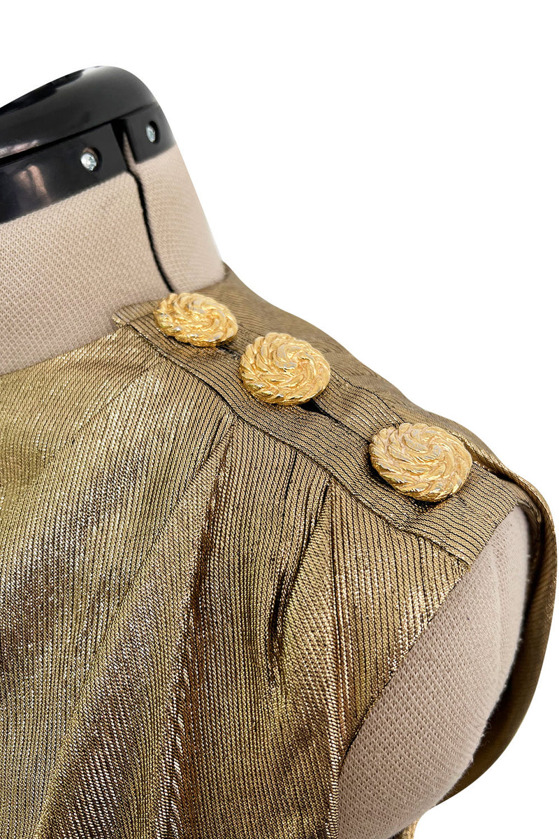 Iconic Fall 1991 Yves Saint Laurent Runway Slinky Gold Lame Dress w Gold Button Details