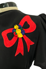 Gorgeous 1940s Unlabeled Black Crepe Dress w 3D Floral Detailed Bright Red Bow Appliques