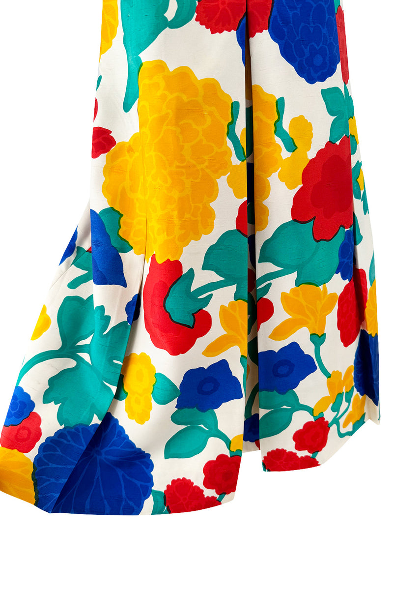 Happiest 1960s James Galanos Bright Floral Print Silk Dress w Pleated Skirt & Rounded Collar