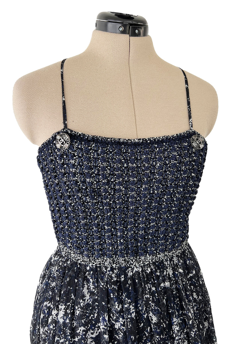 Gorgeous Spring 2012 Chanel by Karl Lagerfeld Hand Crochet Knit & Silk Chiffon Blue Dress w Scarf