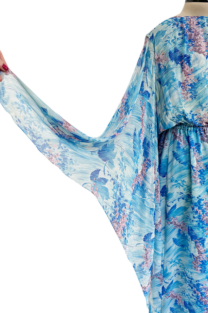 Dreamy 1970s Pierre Cardin Blue Floral Print Silk Chiffon Dress w Long Angel Sleeves