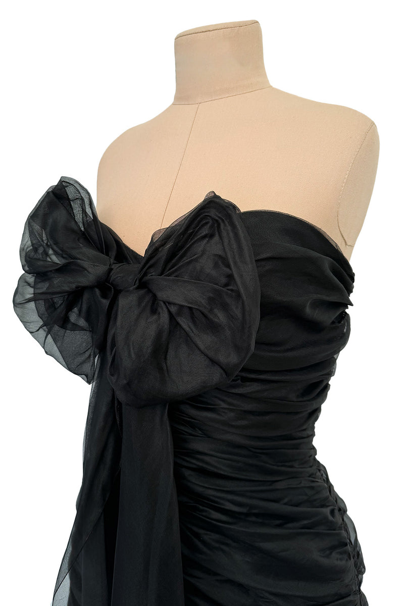 Prettiest Spring 1985 Chloe by Karl Lagerfeld Black Silk Organza Strapless Dress w Bow Detailing