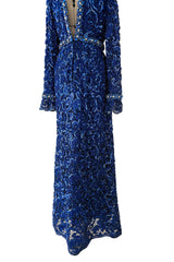 Documented 1970 Oscar de la Renta Brilliant Blue Sequin & Rhinestone Plunge Dress