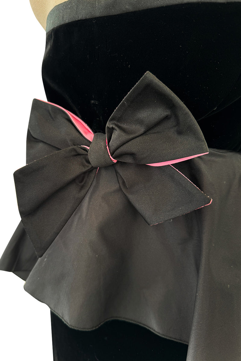 Exceptional Fall 2005 Original Valentino Runway Look 82 Black Velvet Dress w Bows, Silk Tiers & Pink Detailing