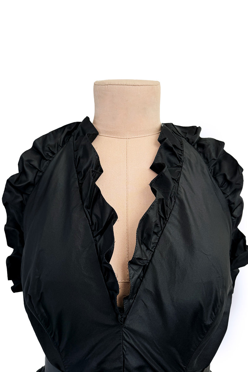 c 1970 Oscar de la Renta Black Silk Taffeta Backless Halter Neck Dress w Extensive Ruffle Detailing