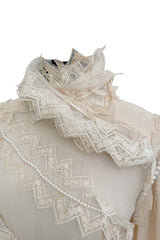 Incredibly Rare Fall 1979 Chloe by Karl Lagerfeld Couture Runway Ivory Chiffon & Lace Dress w pearl Details