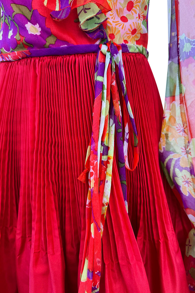 Incredible 1972 Yves Saint Laurent Red Floral Silk Chiffon & Red Silk Dress w Balloon Sleeves & Pleat Detailing