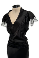 Iconic Fall 2005 John Galliano Black Silk Bias Cut Dress w Plunge Front & Lace Trimmed Cap Sleeves