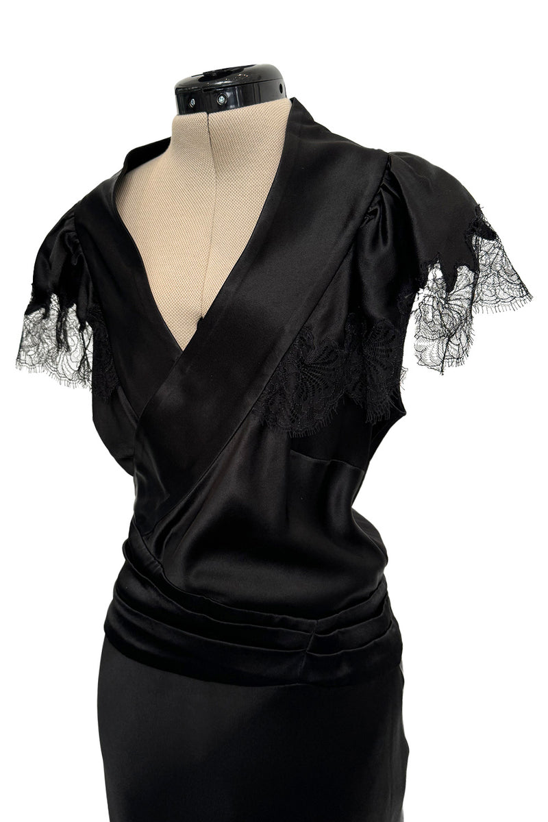 Iconic Fall 2005 John Galliano Black Silk Bias Cut Dress w Plunge Front & Lace Trimmed Cap Sleeves