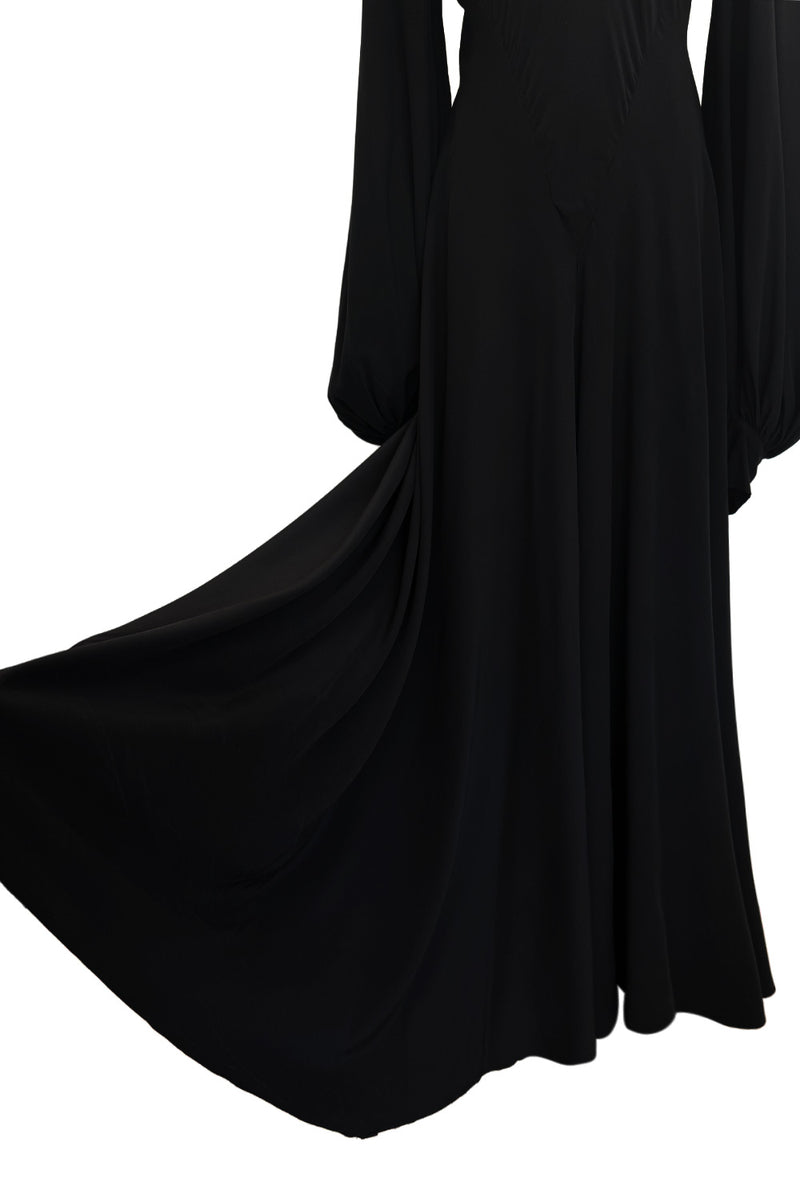 Exceptional 1970s George Stavropoulos Couture Black Silk & Bias Cut Dress w Balloon Sleeves & Flowing Skirt