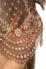 Prettiest 1960s Gold & Taupe Net Lace & Rhinestone Tiered Scalloped Edge Dress