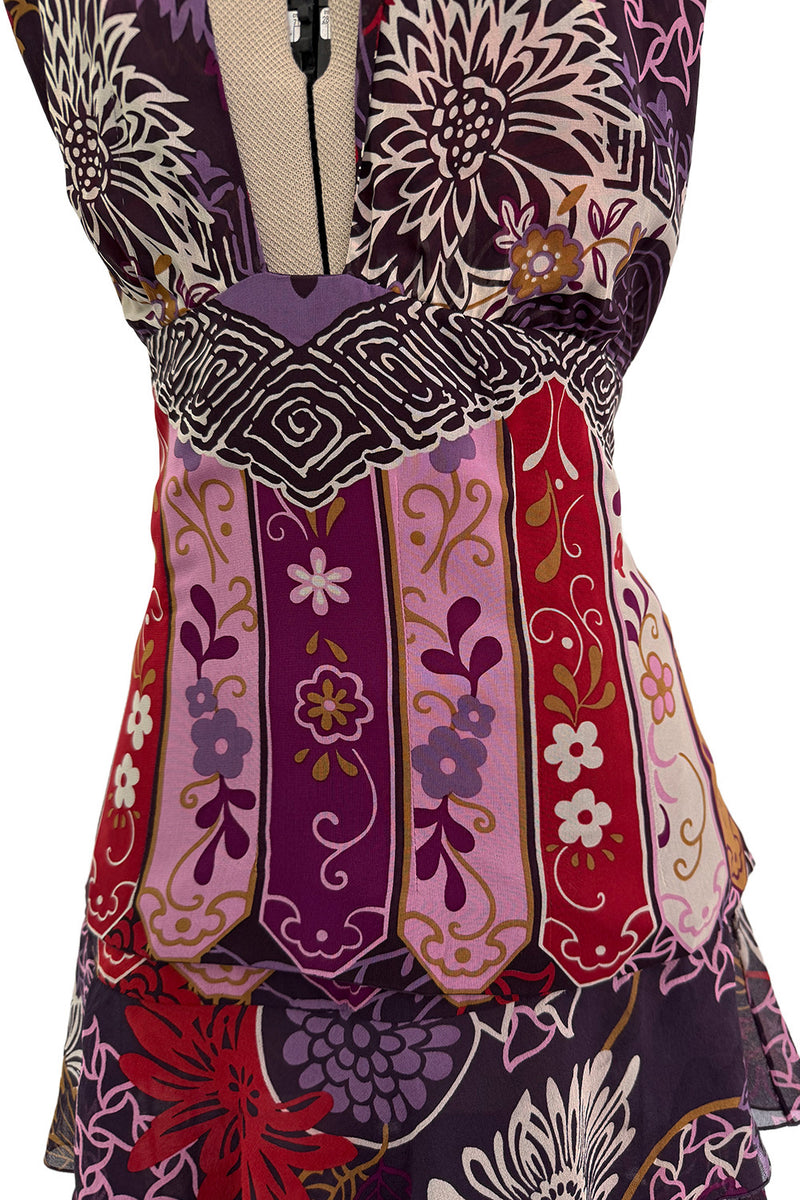Prettiest Fall 2006 Original Mr. Valentino Purple Print Ruffled Skirt & Plunging Halter Top Dress Set