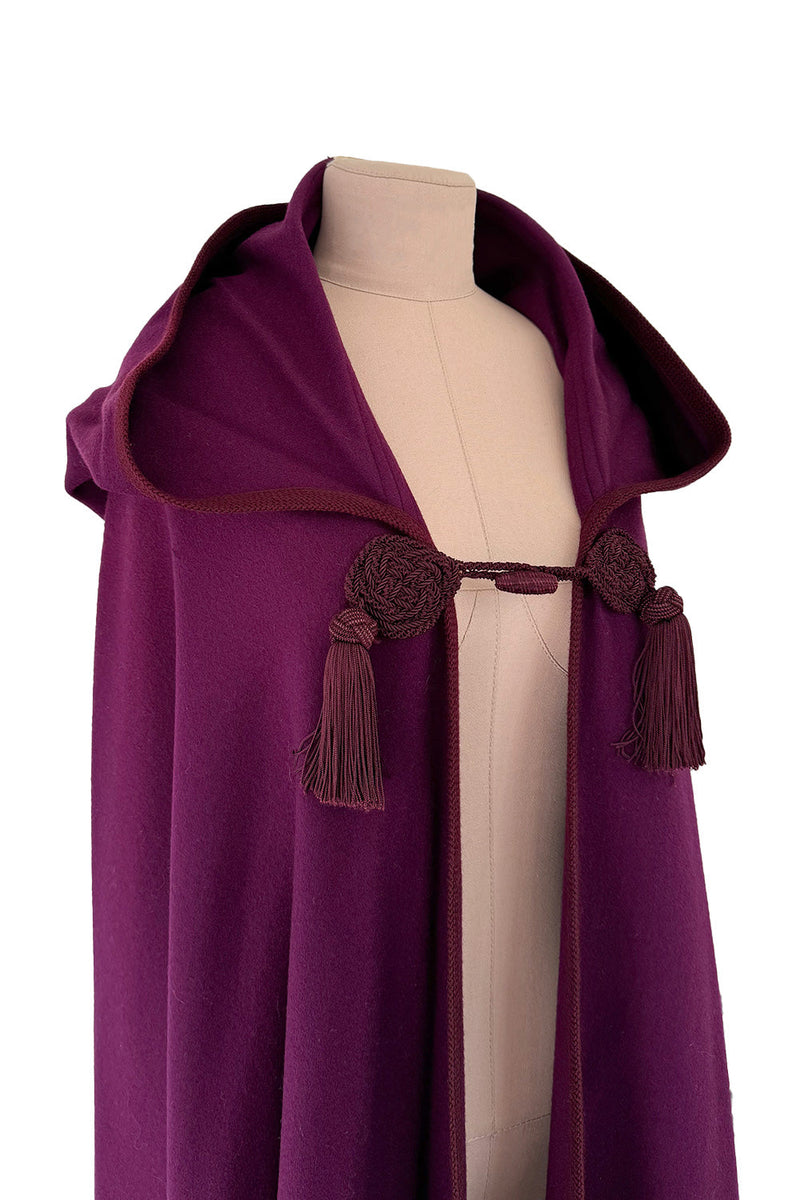 Iconic Fall 1976 Yves Saint Laurent Deep Purple Hooded Cape w Braided Edges & Tassel Details