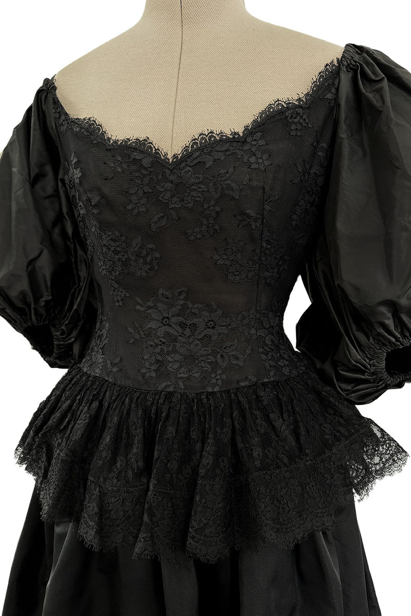 Romantic 1980s Oscar de la Renta Backless Black Silk & Lace Dress w Killer Pouf Sleeves