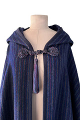 Fabulous  Fall 1976 Yves Saint Laurent Striped Blue Wool Knee Length Cape w Hood & Tassel Detailing