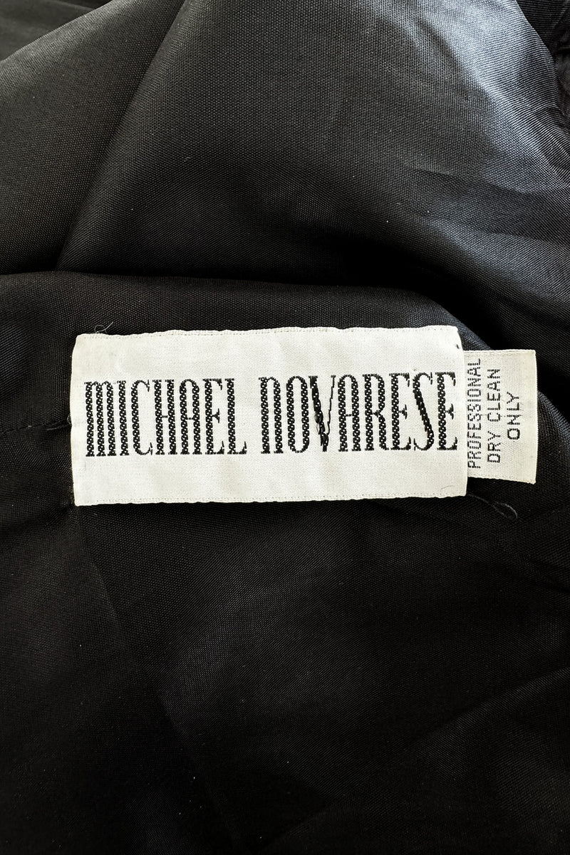 Classic 1970s Michael Novarese Black Silk Chiffon Dress w Balloon Sleeves & Pleating Details