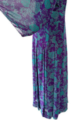 1976 Christian Dior by Marc Bohan Printed Purple & Turquoise Silk Chiffon Skirt & Jacket Set