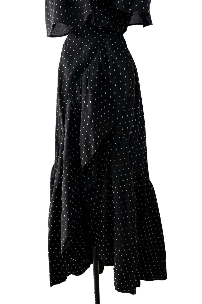 Dreamy 1981 Halston White Embroidered Dot on Black Wrap Off Shoulder Dress w Caped Neckline