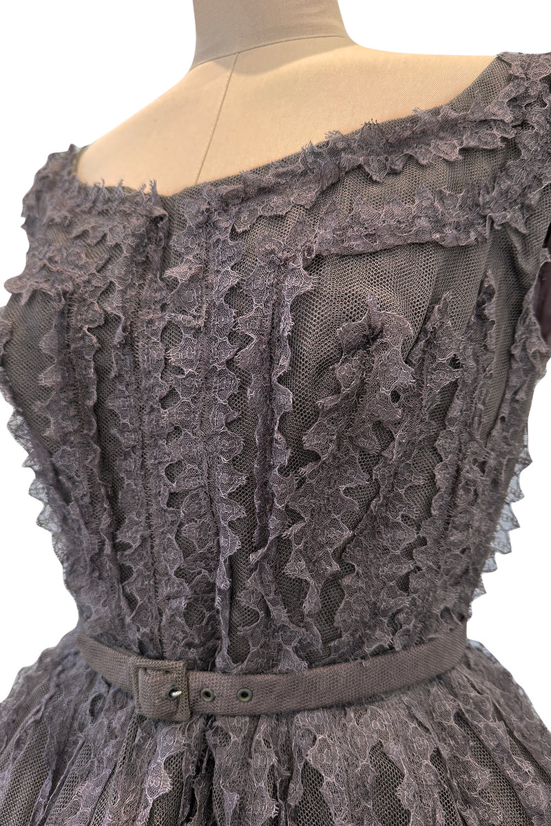 Exceptional 1950s Jacques Heim Golden Era Haute Couture Ultra Rare Purple-Gray Net & Handmade Lace Dress