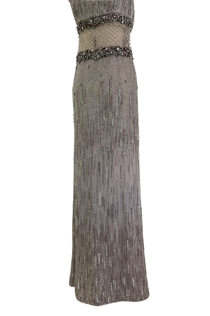 2010s Valentino by Pierpaolo Piccioli & Maria Grazia Chiuri Sequin & Rhinestone Embellished Deep Silver Silk Dress