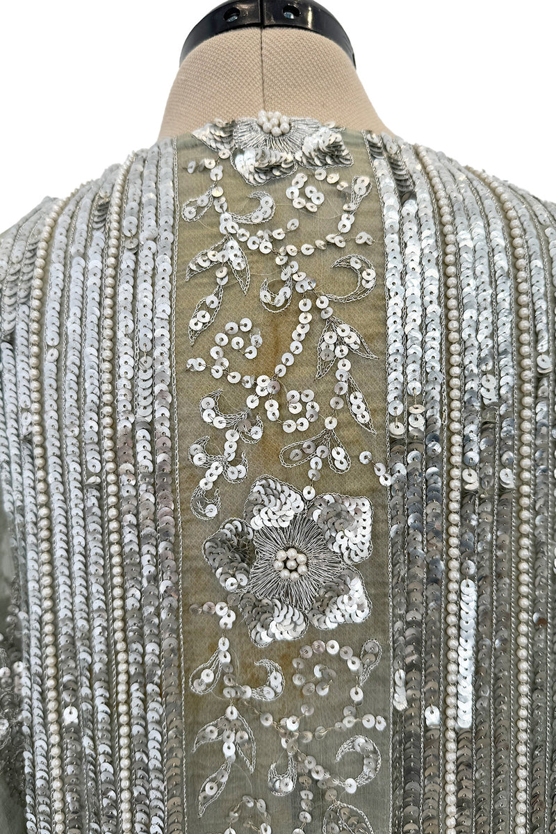 Spectacular 1970s Unlabeled Silver Sequin, Metallic Thread & Faux Pearl Embellished Caftan Dress