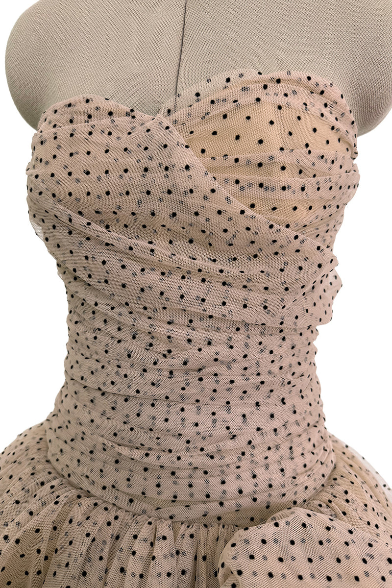 Prettiest Fall 2024 Atelier Prabal Gurung Look 7 Black Dotted Pale Nude Pinkish Net Strapless Dress w Full Skirts
