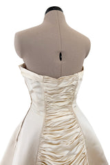 1950s Philip Hulitar Couture Strapless Gathered Front Champagne Ivory Silk Dress w Bow