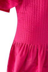 Prettiest 1980s Pierre Cardin Bright Pink Dress w Puff Sleeves & Flat Pleating