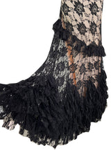 Gorgeous 2010s John Galliano Spanish Influnced Tiered & Ruffled Black Lace Bias Cut Dress