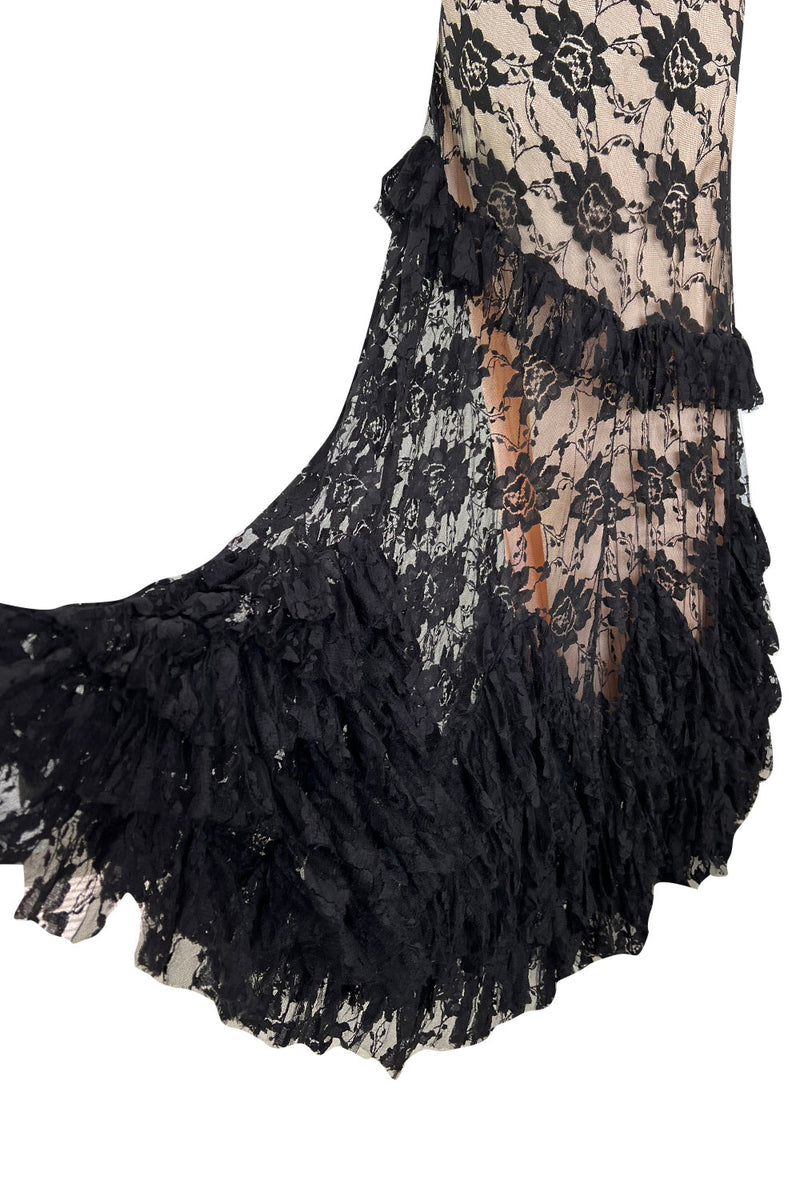 Gorgeous 2010s John Galliano Spanish Influnced Tiered & Ruffled Black Lace Bias Cut Dress