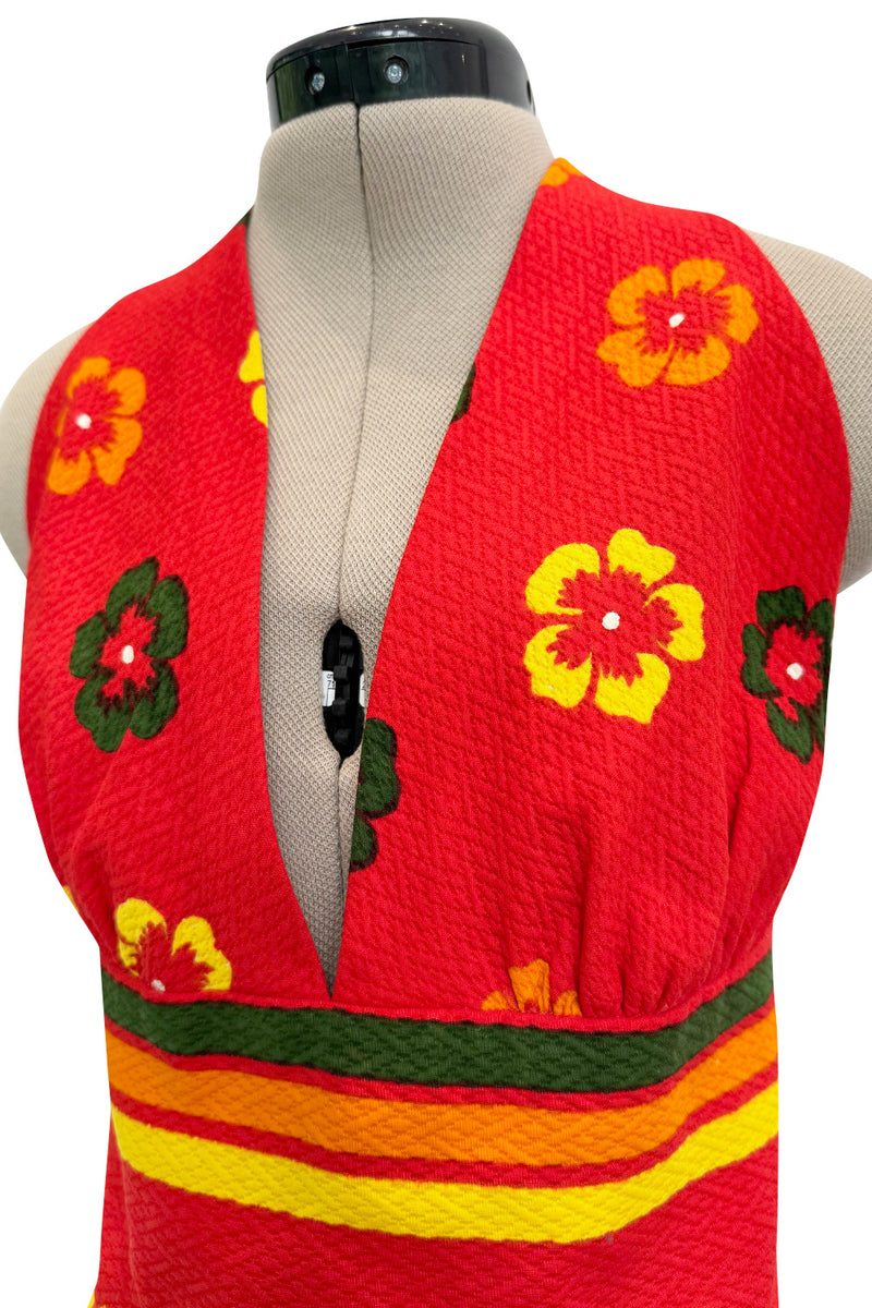 Gorgeous 1971-1972 Lanvin by Jules-Francois Crahay Floral Printed Coral Cotton Pique Backless Halter Dress
