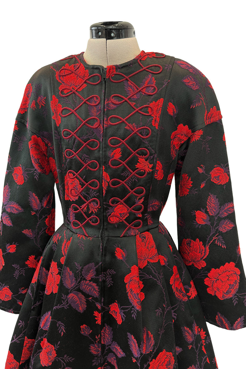 2000s Christian Lacroix Red Floral Brocade Dress or Jacket w Cording Detail