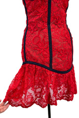 Amazing Spring 1992 Yves Saint Laurent Runway Red Lace Strapless Dress w Grosgrain Detailing