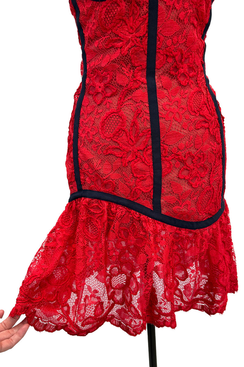 Amazing Spring 1992 Yves Saint Laurent Runway Red Lace Strapless Dress w Grosgrain Detailing