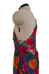 Exquisite Fall 1997 Yves Saint Laurent Brilliant Multi Floral Printed Silk Chiffon Bias Cut & Draped One Shoulder Dress