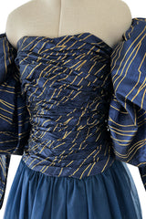 Very Rare Fall 1986 Chanel by Karl Lagerfeld Blue & Gold Strapless w Removable Sleeves