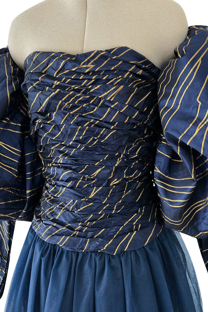 Very Rare Fall 1986 Chanel by Karl Lagerfeld Blue & Gold Strapless w Removable Sleeves