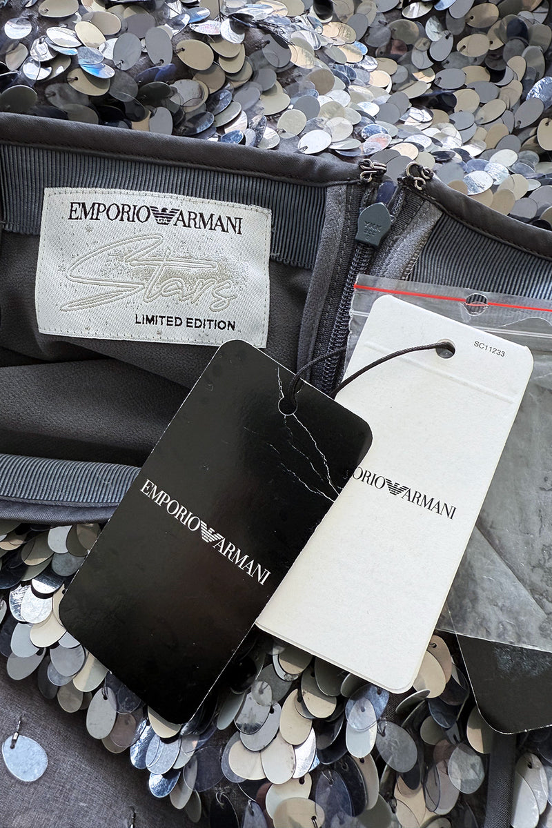 Easy-to-Wear Spring 2020 Emporio Armani Runway Look 59 Grey Silk Organza Silver Sequin Dress